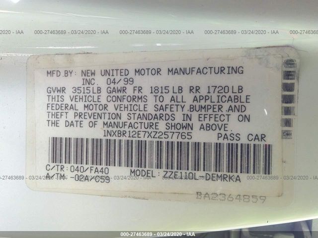 1NXBR12E7XZ257765 - 1999 TOYOTA COROLLA VE/CE/LE 白色 照片 9