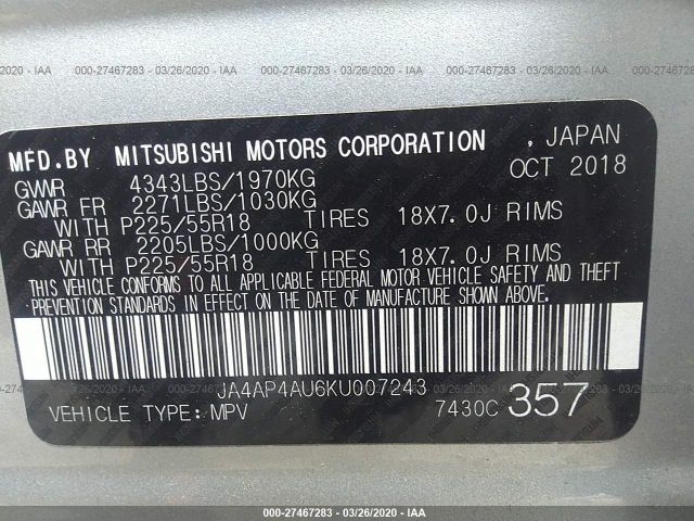 JA4AP4AU6KU007243 - 2019 MITSUBISHI OUTLANDER SPORT SE/GT Silver photo 9