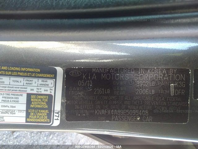 KNAFX4A89E5095408 - 2014 KIA FORTE EX Gray photo 9