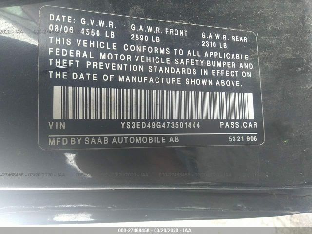 YS3ED49G473501444 - 2007 SAAB 9-5 2.3T Black photo 9