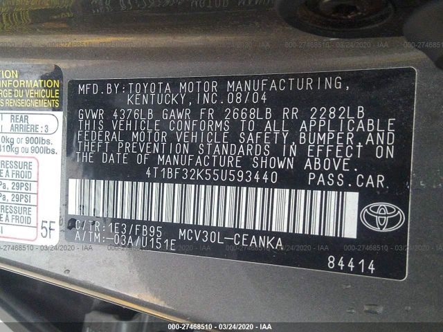 4T1BF32K55U593440 - 2005 TOYOTA CAMRY LE/XLE/SE Gray photo 9