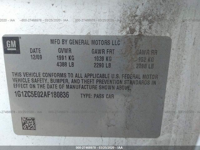 1G1ZC5E02AF180836 - 2010 CHEVROLET MALIBU 1LT 白色 照片 9