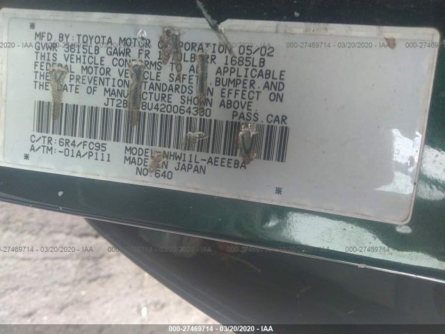 JT2BK18U420064330 - 2002 TOYOTA PRIUS  Green photo 9