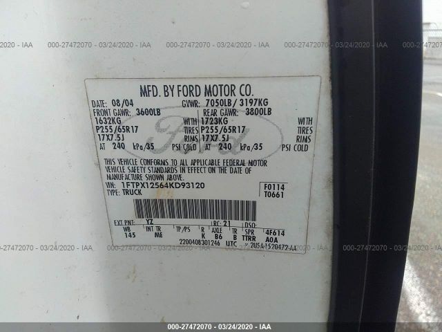 1FTPX12564KD93120 - 2004 FORD F150  White photo 9