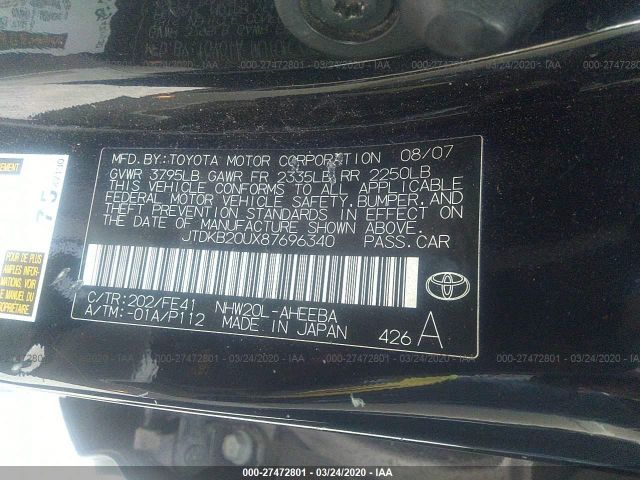 JTDKB20UX87696340 - 2008 TOYOTA PRIUS  Black photo 9