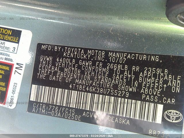 4T1BE46K38U755279 - 2008 TOYOTA CAMRY CE/LE/XLE/SE 绿色 照片 9