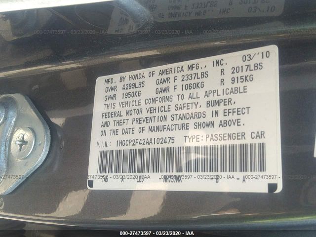 1HGCP2F42AA102475 - 2010 HONDA ACCORD LXP Gray photo 9