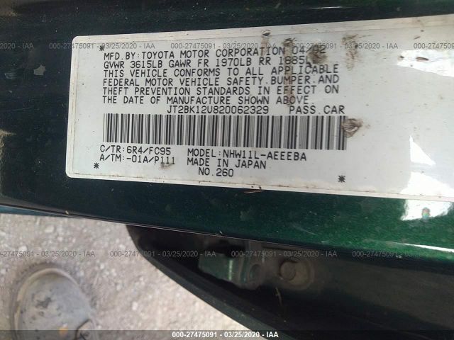 JT2BK12U820062329 - 2002 TOYOTA PRIUS  Green photo 9