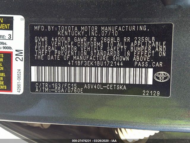 4T1BF3EK1BU172144 - 2011 TOYOTA CAMRY SE/LE/XLE Gray photo 9