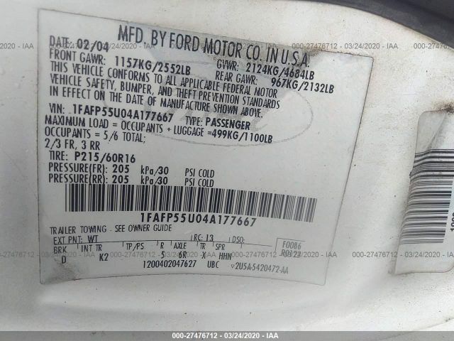 1FAFP55U04A177667 - 2004 FORD TAURUS SES White photo 9