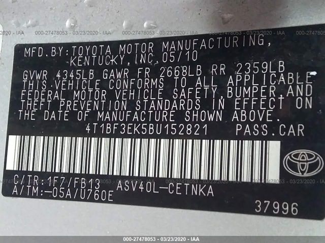 4T1BF3EK5BU152821 - 2011 TOYOTA CAMRY SE/LE/XLE Silver photo 9