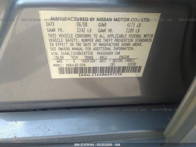 1N4AL21EX8N547556 - 2008 NISSAN ALTIMA 2.5/2.5S Gray photo 9