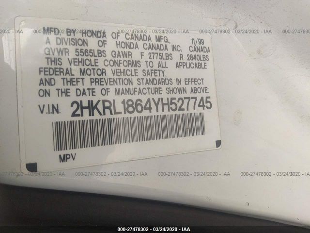 2HKRL1864YH527745 - 2000 HONDA ODYSSEY EX White photo 9