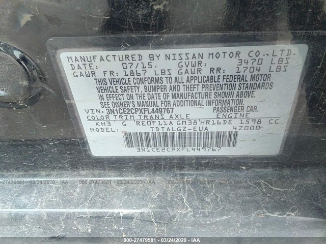 3N1CE2CPXFL449767 - 2015 NISSAN VERSA NOTE S/S PLUS/SV/SL/SR Black photo 9