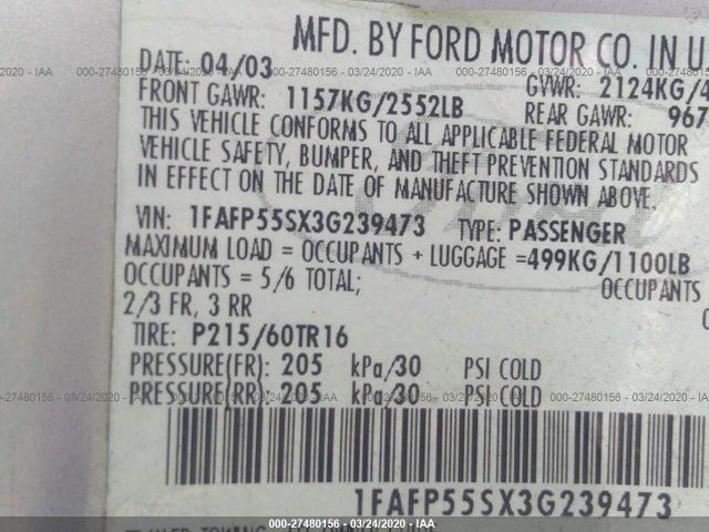 1FAFP55SX3G239473 - 2003 FORD TAURUS SES Silver photo 9