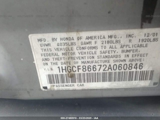 1HGCF86672A060846 - 2002 HONDA ACCORD VALUE Silver photo 9