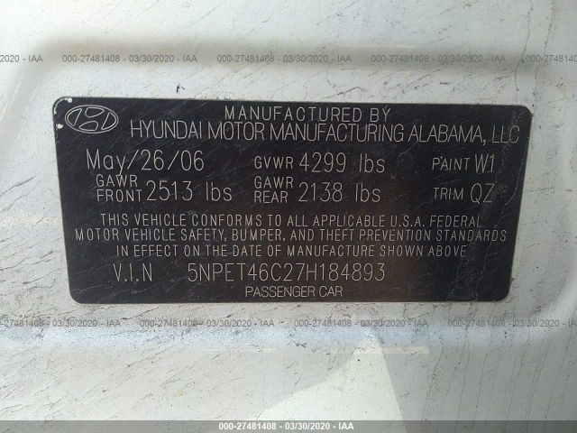 5NPET46C27H184893 - 2007 HYUNDAI SONATA GLS White photo 9