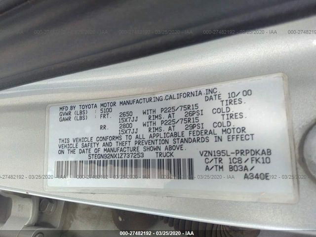 5TEGN92NX1Z737253 - 2001 TOYOTA TACOMA DOUBLE CAB PRERUNNER Silver photo 9