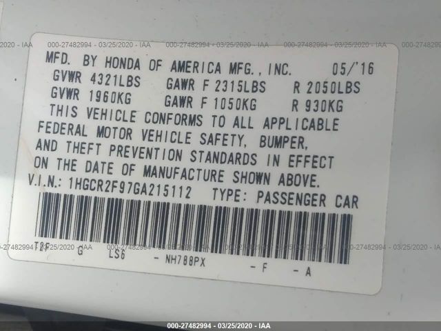 1HGCR2F97GA215112 - 2016 HONDA ACCORD EXL White photo 9