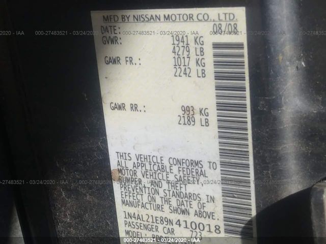 1N4AL21E89N410018 - 2009 NISSAN ALTIMA 2.5/2.5S Gray photo 9