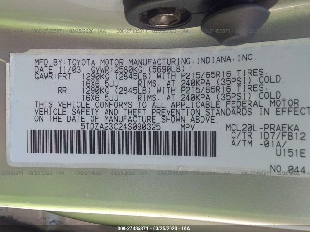 5TDZA23C24S090325 - 2004 TOYOTA SIENNA CE/LE Silver photo 9