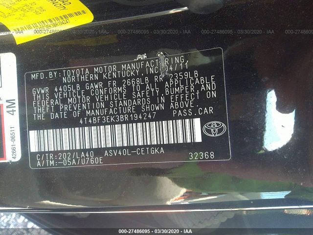 4T4BF3EK3BR194247 - 2011 TOYOTA CAMRY SE/LE/XLE Black photo 9