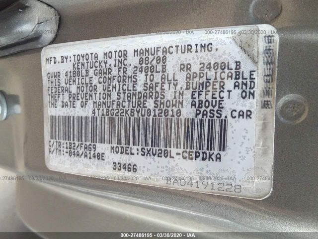 4T1BG22K8YU012010 - 2000 TOYOTA CAMRY CE/LE/XLE Tan photo 9