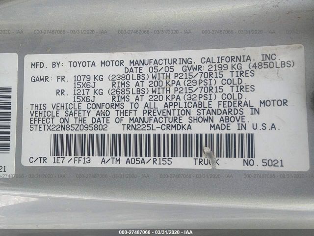 5TETX22N85Z095802 - 2005 TOYOTA TACOMA ACCESS CAB Silver photo 9