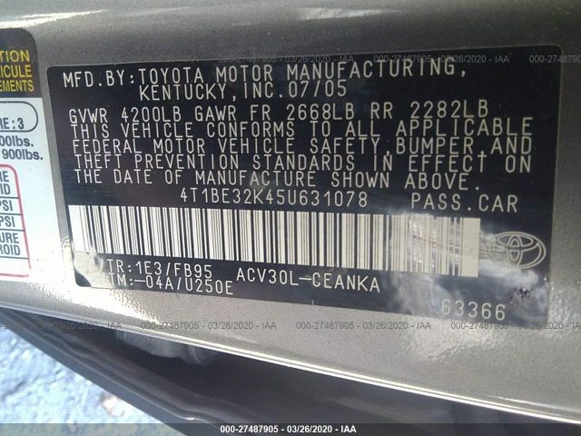 4T1BE32K45U631078 - 2005 TOYOTA CAMRY LE/XLE/SE Gray photo 9