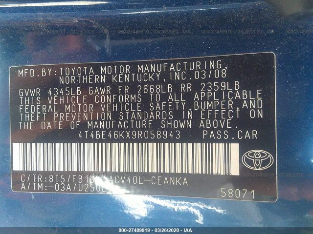 4T4BE46KX9R058943 - 2009 TOYOTA CAMRY SE/LE/XLE 蓝色 照片 9