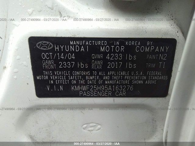 KMHWF25H95A163276 - 2005 HYUNDAI SONATA GL White photo 9