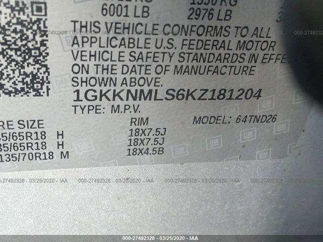 1GKKNMLS6KZ181204 - 2019 GMC ACADIA SLT-1 Silver photo 9