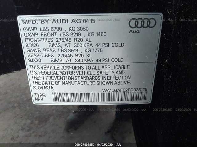 WA1LGAFE2FD023129 - 2015 AUDI Q7 PREMIUM PLUS Black photo 9