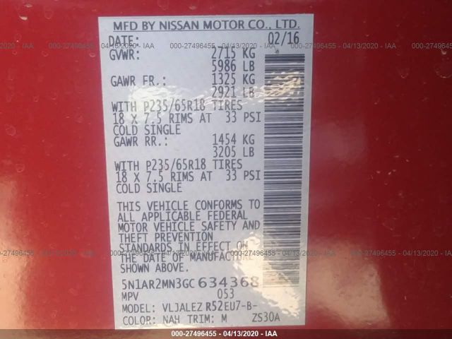 5N1AR2MN3GC634368 - 2016 NISSAN PATHFINDER S/SV/SL/PLATINUM Red photo 9