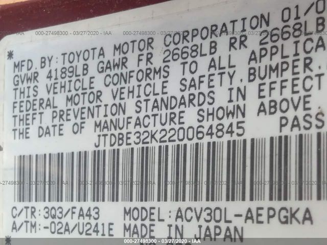 JTDBE32K220064845 - 2002 TOYOTA CAMRY LE/XLE/SE Red photo 9