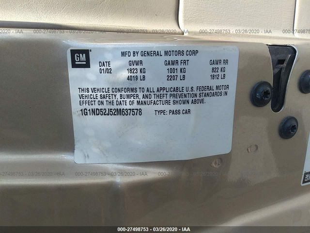 1G1ND52J52M637578 - 2002 CHEVROLET MALIBU  Gold photo 9