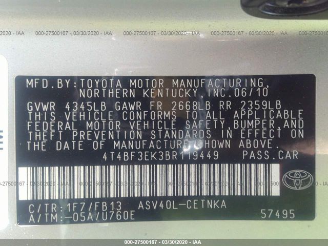 4T4BF3EK3BR119449 - 2011 TOYOTA CAMRY SE/LE/XLE 银色 照片 9