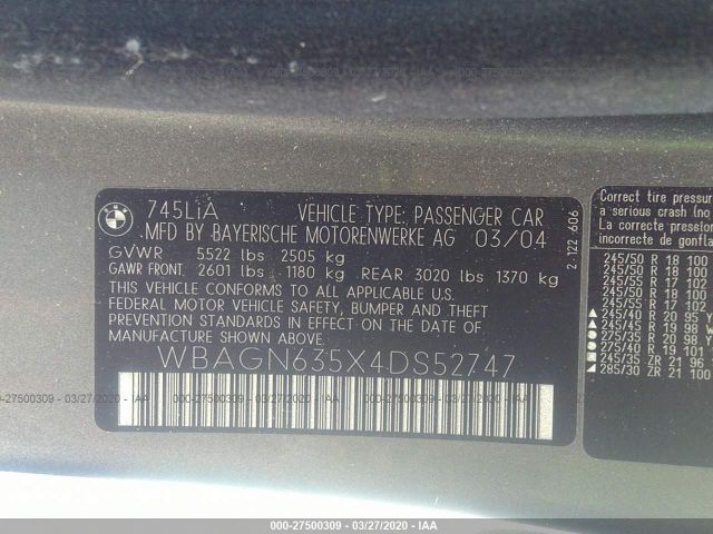 WBAGN635X4DS52747 - 2004 BMW 745 LI Gray photo 9