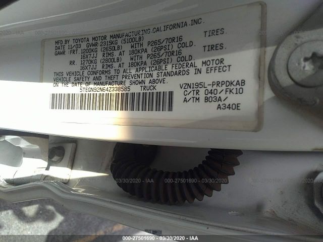 5TEGN92N64Z338585 - 2004 TOYOTA TACOMA DOUBLE CAB PRERUNNER White photo 9