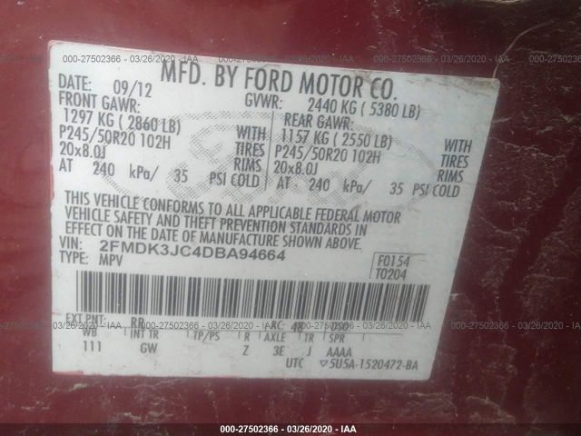 2FMDK3JC4DBA94664 - 2013 FORD EDGE SEL Burgundy photo 9