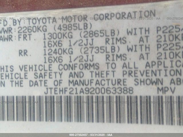 JTEHF21A920063388 - 2002 TOYOTA HIGHLANDER LIMITED Red photo 9