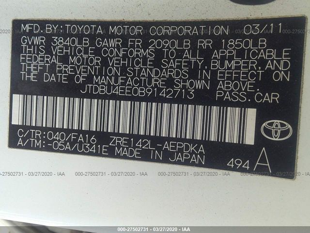 JTDBU4EE0B9142713 - 2011 TOYOTA COROLLA S/LE White photo 9