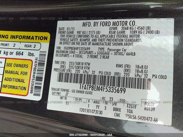 1FATP8EM4F5335699 - 2015 FORD MUSTANG  Gray photo 9