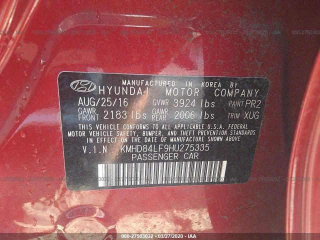 KMHD84LF9HU275335 - 2017 HYUNDAI ELANTRA SE/VALUE/LIMITED Red photo 9