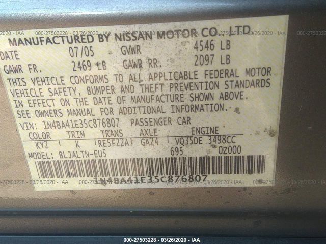 1N4BA41E35C876807 - 2005 NISSAN MAXIMA SE/SL Tan photo 9