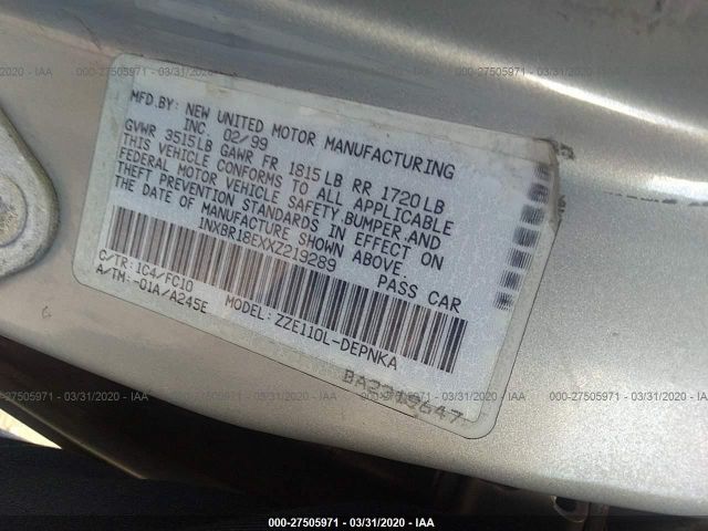 1NXBR18EXXZ219289 - 1999 TOYOTA COROLLA VE/CE/LE 银色 照片 9