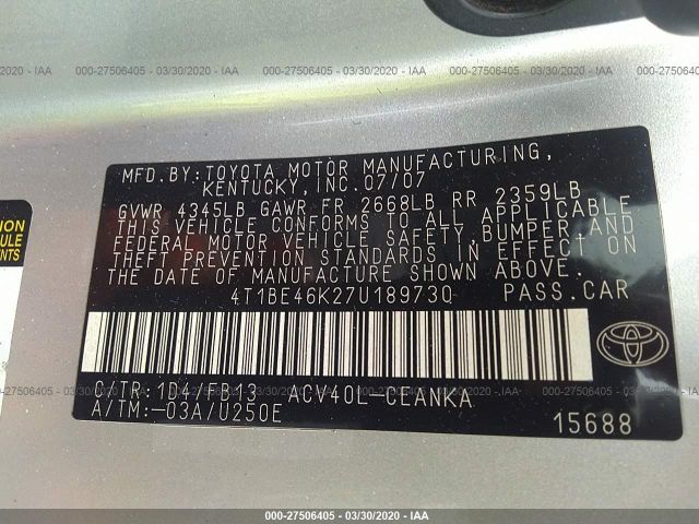 4T1BE46K27U189730 - 2007 TOYOTA CAMRY CE/LE/XLE/SE Silver photo 9