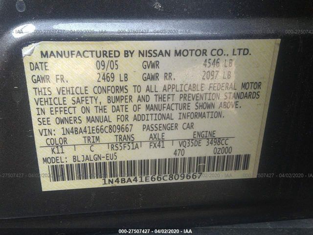 1N4BA41E66C809667 - 2006 NISSAN MAXIMA SE/SL Gray photo 9