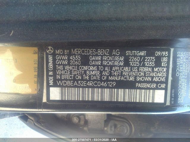 WDBEA32E4RC046129 - 1994 MERCEDES-BENZ E 320 Black photo 9