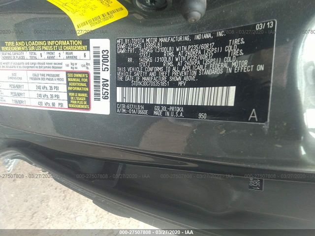 5TDYK3DC7DS351851 - 2013 TOYOTA SIENNA XLE/LIMITED Gray photo 9